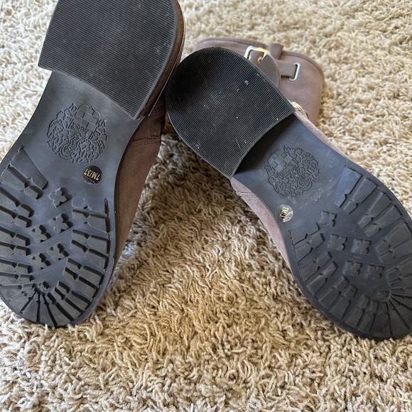 Vince, Camuto, WadeLyn suede moto boot, beige with chrome buckles, and details - Picture 6 of 7